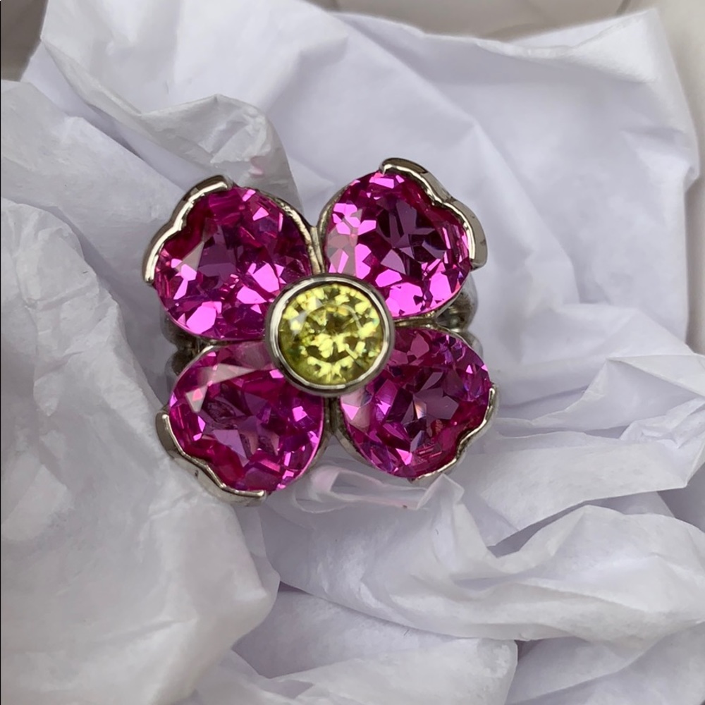 Flower crystal sterling silver ring Size 6